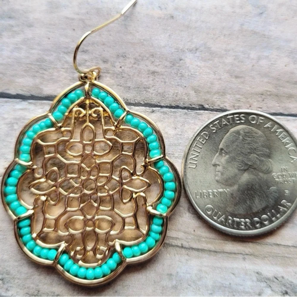 Floral Demask Gold Earrings,Statement Earrings, Filigree, Teal Beaded Earrings, - Picture 5 of 5